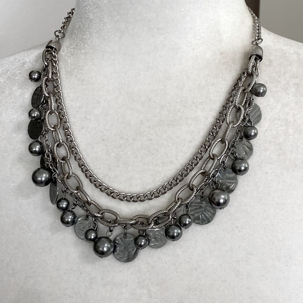 Silver Rocker Rebel Edgy Layered Bead Discs Coins Textured Chain Necklace - Picture 6 of 15